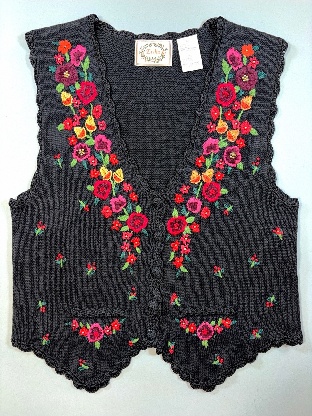 Vintage 90s Erika Black Floral Ribbon Embroidered Ramie Cotton Sweater Vest Folk